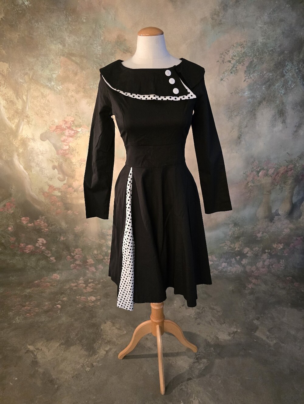 Vintage Style Rockabilly Swing Dress Black White Polkadot Accents S